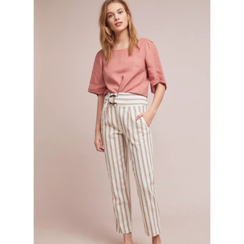 Anthropologie Oasis Striped Linen Blend Belted Pants Sz 0 Coastal Nautical Beach